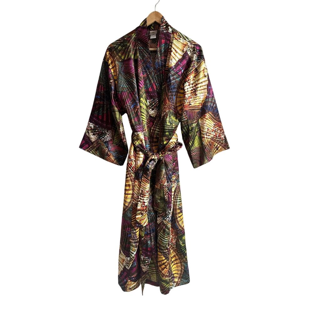 Natori Kimono Style Satin Robe attached belt M